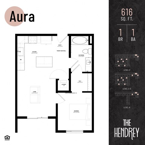 Floor plan for 1 bed, 1 bath, 616 sqft