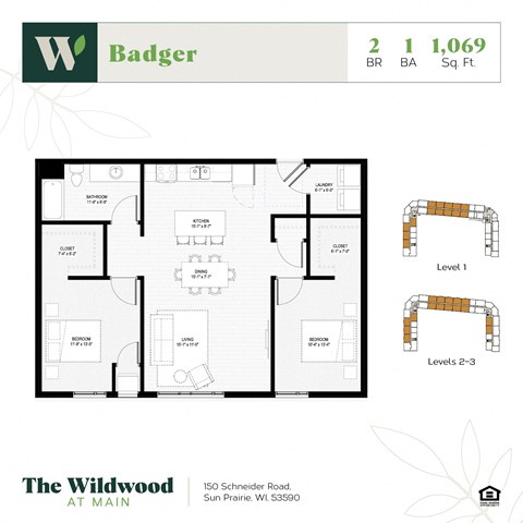 Floor plan for 2 beds, 1 bath, 1069 sqft