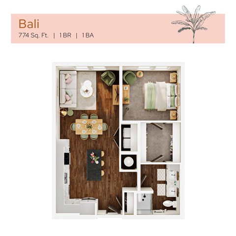 Floor plan for 1 bed, 1 bath, 774 sqft