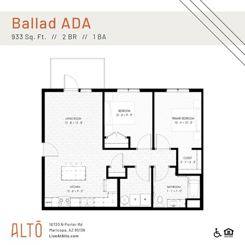 Floor plan for 2 beds, 1 bath, 933 sqft