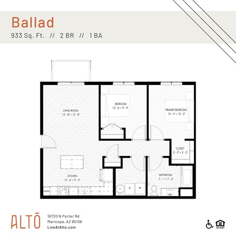Floor plan for 2 beds, 1 bath, 933 sqft