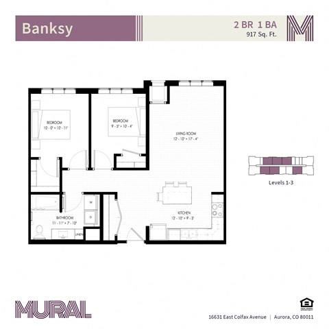 Floor plan for 2 beds, 1 bath, 918 sqft