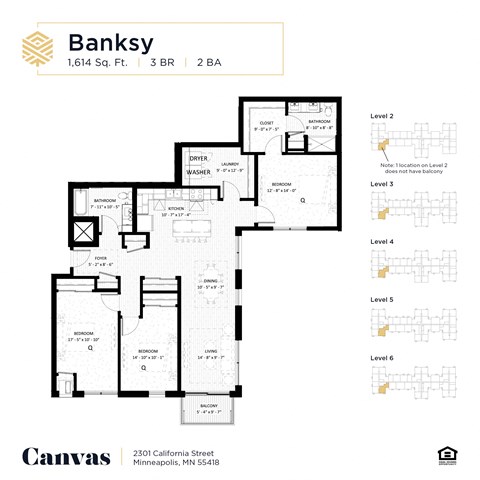 Floor plan for 3 beds, 2 baths, 1614 sqft