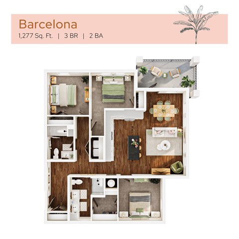 Floor plan for 3 beds, 2 baths, 1277 sqft