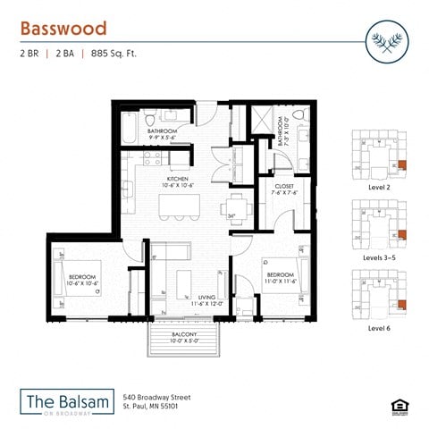 Floor plan for 2 beds, 2 baths, 885 sqft