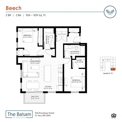 Floor plan for 2 beds, 2 baths, 924 sqft