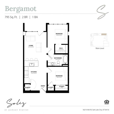 Floor plan for 2 beds, 1 bath, 795 sqft