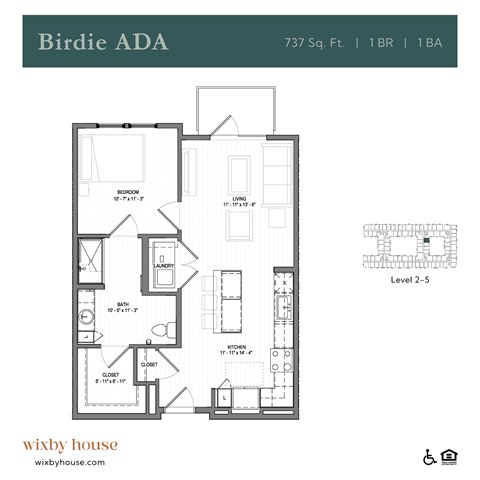 Floor plan for 1 bed, 1 bath, 737 sqft