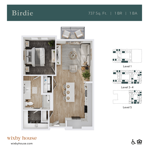 Floor plan for 1 bed, 1 bath, 737 sqft