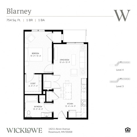 Floor plan for 1 bed, 1 bath, 755 sqft