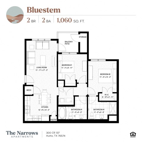 Floor plan for 2 beds, 2 baths, 1060 sqft