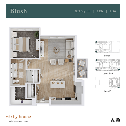 Floor plan for 1 bed, 1 bath, 821 sqft