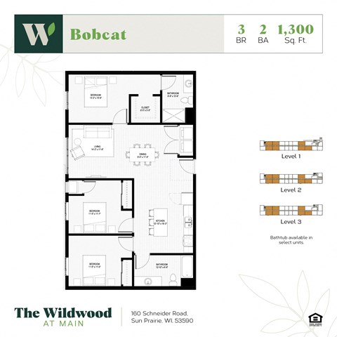 Floor plan for 3 beds, 2 baths, 1323 sqft