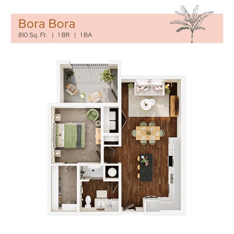 Floor plan for 1 bed, 1 bath, 810 sqft