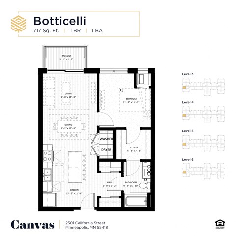 Floor plan for 1 bed, 1 bath, 717 sqft