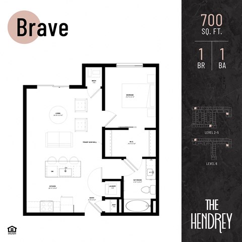 Floor plan for 1 bed, 1 bath, 700 sqft