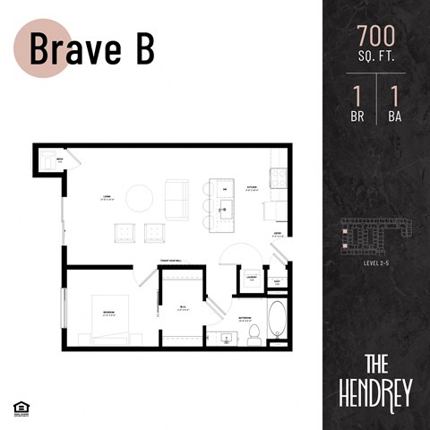 Floor plan for 1 bed, 1 bath, 700 sqft
