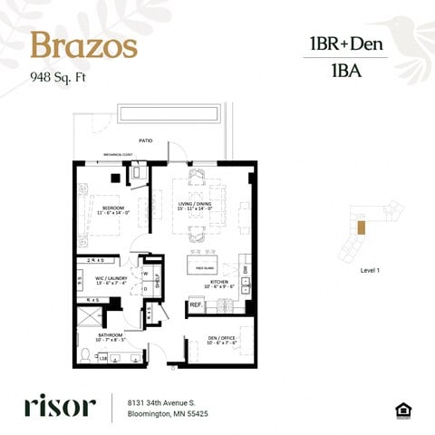 Floor plan for 1 bed, 1 bath, 948 sqft