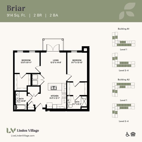 Floor plan for 2 beds, 2 baths, 914 sqft