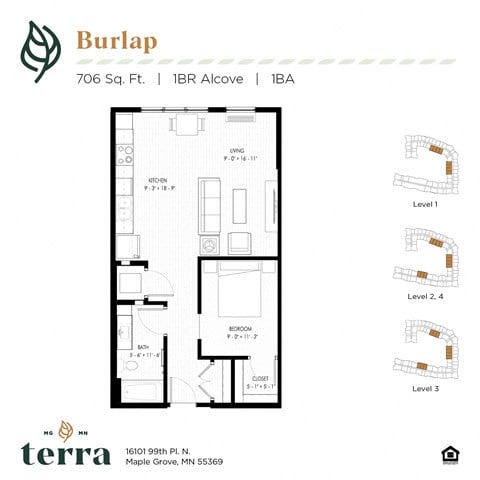 Floor plan for 1 bed, 1 bath, 706 sqft