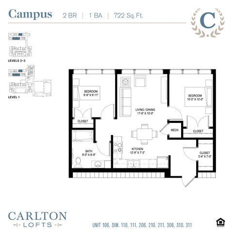 Floor plan for 2 beds, 1 bath, 719 sqft