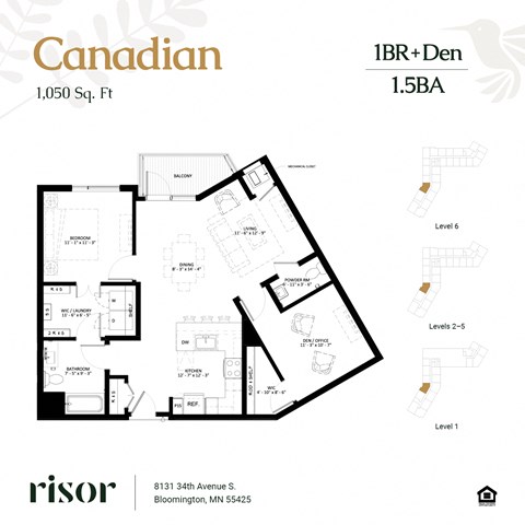 Floor plan for 1 bed, 1 bath, 1050 sqft