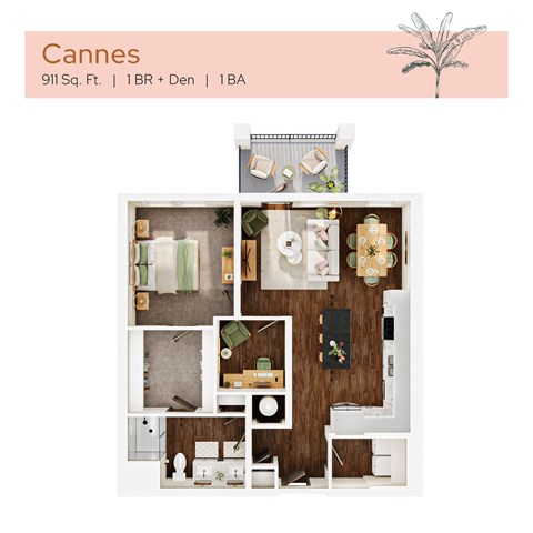 Floor plan for 1 bed, 1 bath, 911 sqft