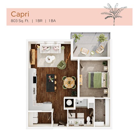 Floor plan for 1 bed, 1 bath, 803 sqft