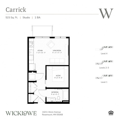 Floor plan for 1 bed, 1 bath, 515 sqft