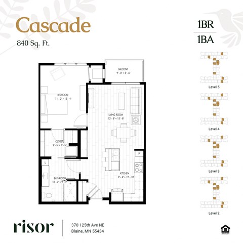 Floor plan for 1 bed, 1 bath, 840 sqft