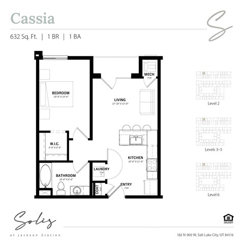 Floor plan for 1 bed, 1 bath, 632 sqft