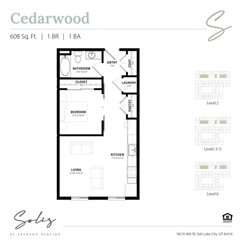 Floor plan for 1 bed, 1 bath, 608 sqft
