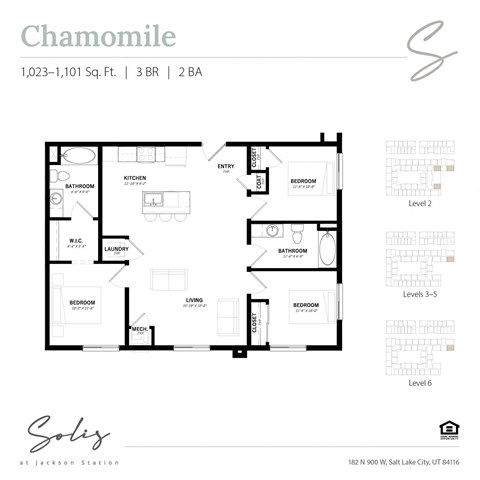 Floor plan for 3 beds, 2 baths, 1111 sqft