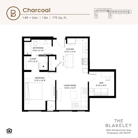 Floor plan for 1 bed, 1 bath, 775 sqft
