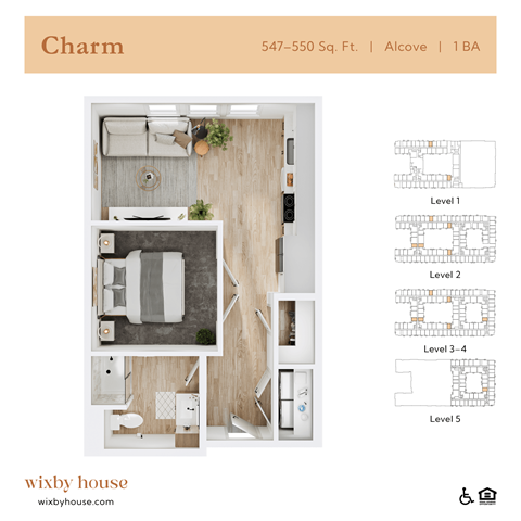 Floor plan for studio, 1 bath, 550 sqft