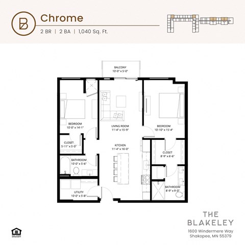 Floor plan for 2 beds, 2 baths, 1040 sqft