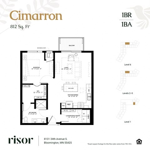 Floor plan for 1 bed, 1 bath, 812 sqft