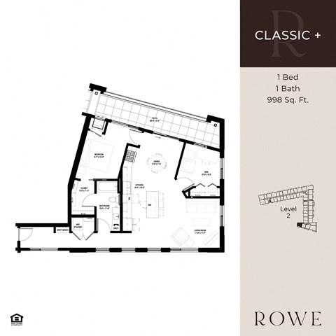 Floor plan for 1 bed, 1 bath, 998 sqft