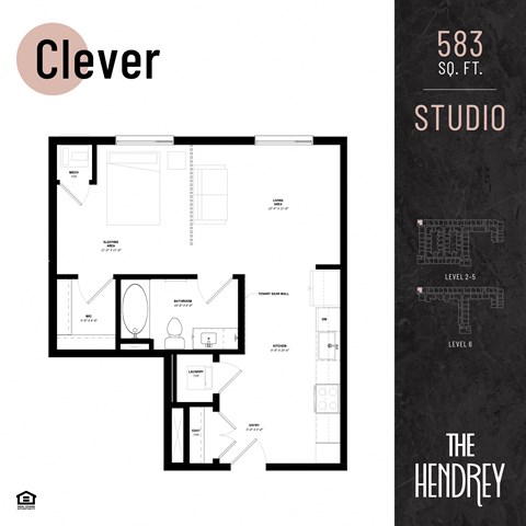 Floor plan for studio, 1 bath, 583 sqft