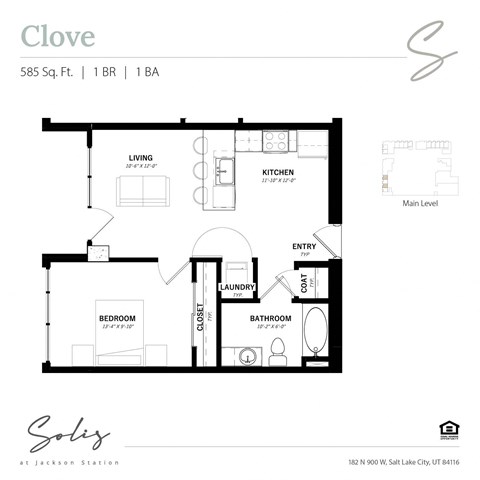 Floor plan for 1 bed, 1 bath, 585 sqft