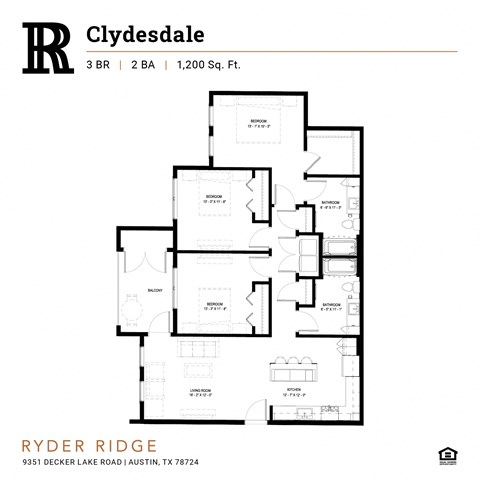 Floor plan for 3 beds, 2 baths, 1200 sqft