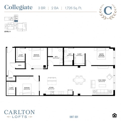 Floor plan for 3 beds, 2 baths, 1726 sqft