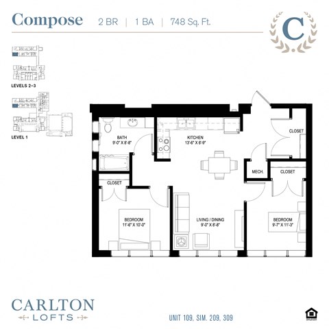 Floor plan for 2 beds, 1 bath, 746 sqft