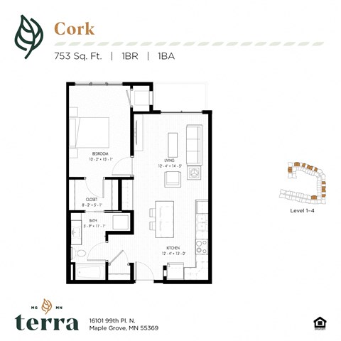 Floor plan for 1 bed, 1 bath, 753 sqft