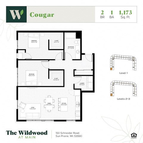 Floor plan for 2 beds, 1 bath, 1173 sqft