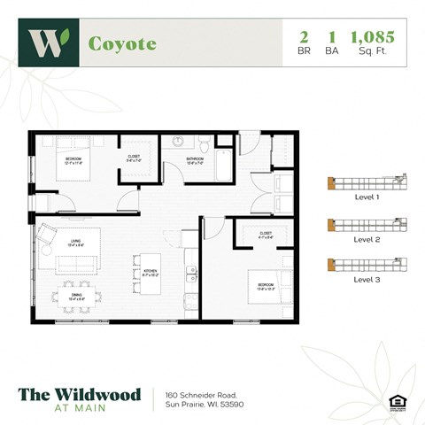 Floor plan for 2 beds, 1 bath, 1085 sqft
