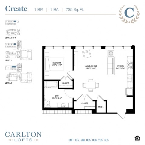 Floor plan for 1 bed, 1 bath, 711 sqft