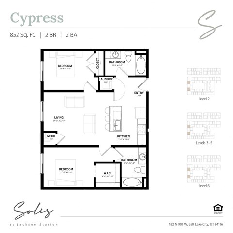 Floor plan for 2 beds, 2 baths, 852 sqft