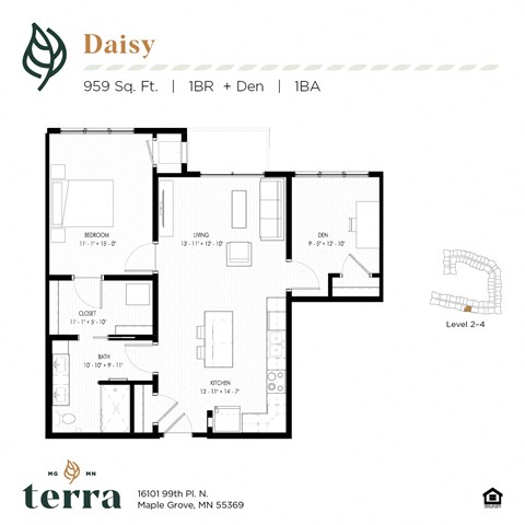 Floor plan for 1 bed, 1 bath, 959 sqft