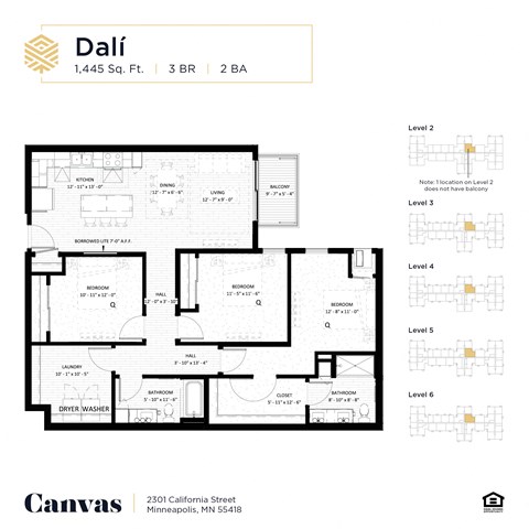 Floor plan for 3 beds, 2 baths, 1445 sqft